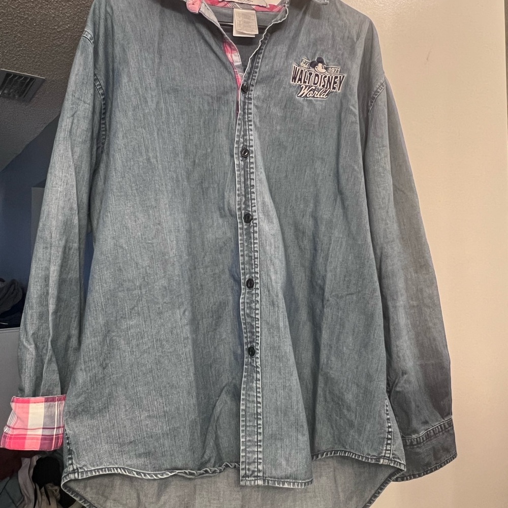 Walt Disney World Denim Shirt with Red Plaid Accents - Men’s L